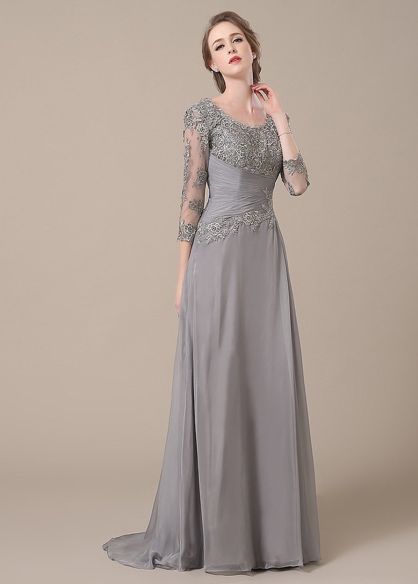 3/4 Sleeves Sheath/Column Lace Chiffon Floor Length Mother of the Bride Dresses