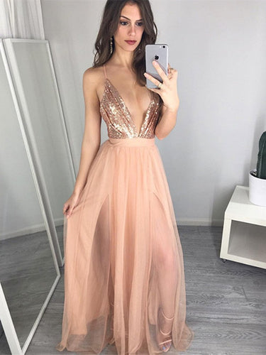 Sexy A-line Plunging V-neck Criss-Cross Straps Long Sequin and Tulle Prom Dresses