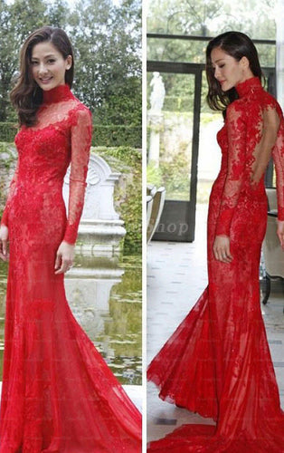 Mermaid  Scoop Neck Floor-Length Long Train Lace Prom Dresses