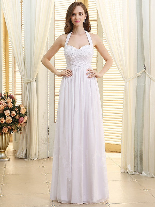 A-line Halter Sweetheart Beading Lace-up Long Chiffon Wedding Dresses