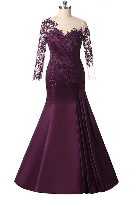 Elegant Plus Size Mermaid Long Sleeves Floor-length Prom Dress with Lace Appliques