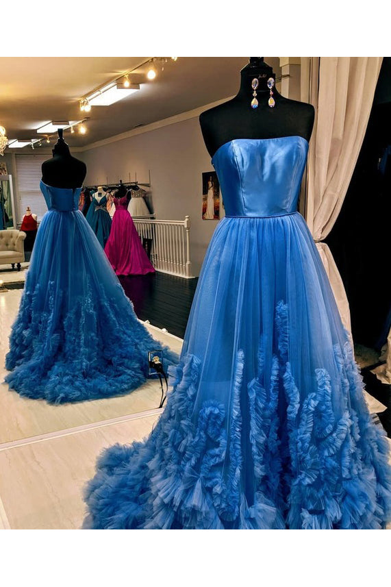 A Line Strapless Tulle Prom Dresses Long