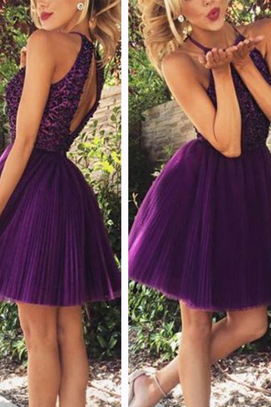 A-line Halter Sleeveless Short Tulle Homecoming Dresses with Beading