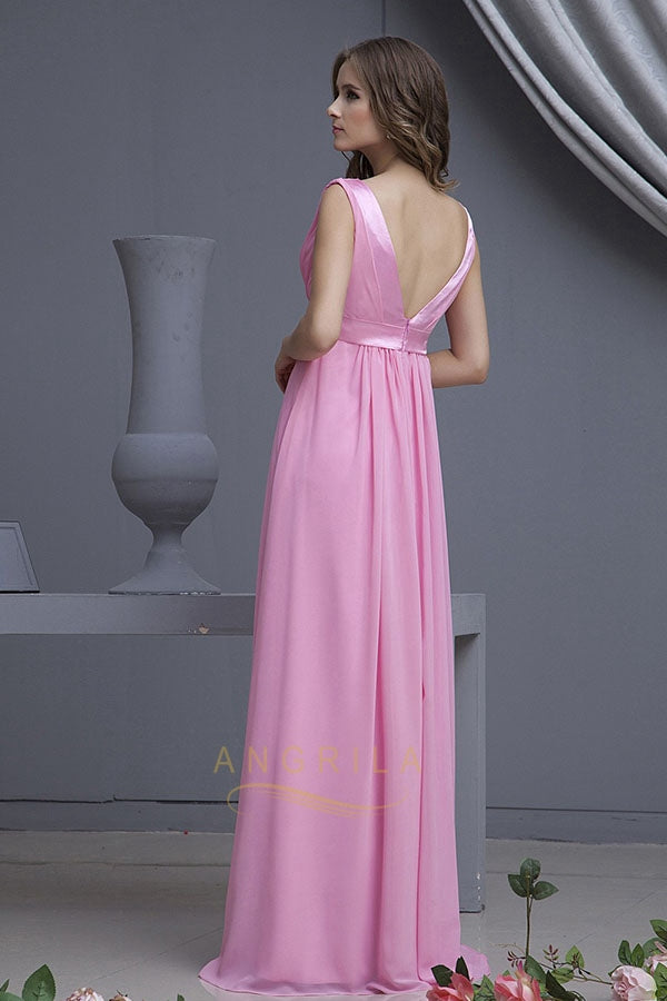 Empire V-neck Chiffon Long Bridesmaid Dress with Ruffle