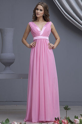 Empire V-neck Chiffon Long Bridesmaid Dress with Ruffle