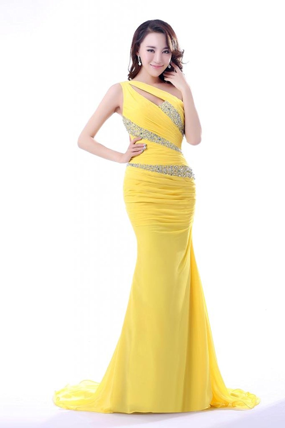 Sheath/Column One-shoulder Beading Pleated Long Chiffon Evening Dresses