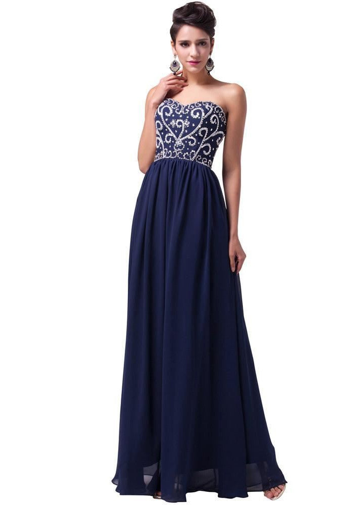 A-line Chiffon Strapless Beading Lace-up Long Evening Dresses