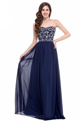 A-line Chiffon Strapless Beading Lace-up Long Evening Dresses