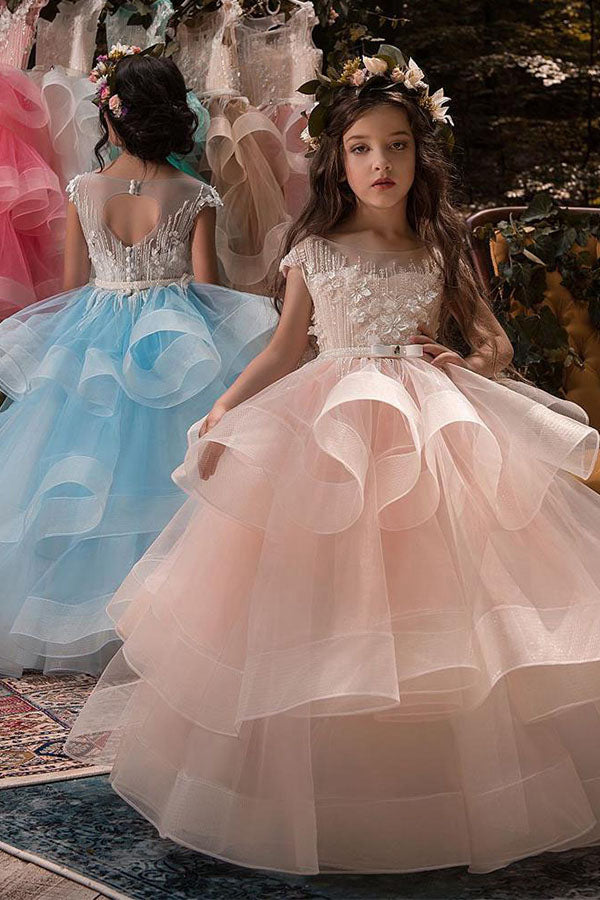 Ball-Gown Tulle Scoop Neck Flower Girl Dress with Beading