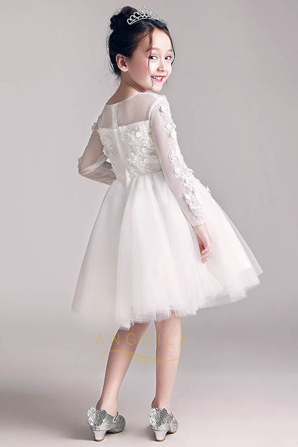 A-Line/Princess Scoop Neck White Flower Girl Dress With Long Sleeves ...