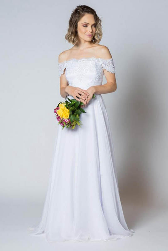 Sheath/Column Off-the-Shoulder Chiffon Lace Wedding Dress