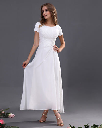 A-line Scoop Ankle-length Chiffon Long Bridesmaid Dresses with Short Sleeves