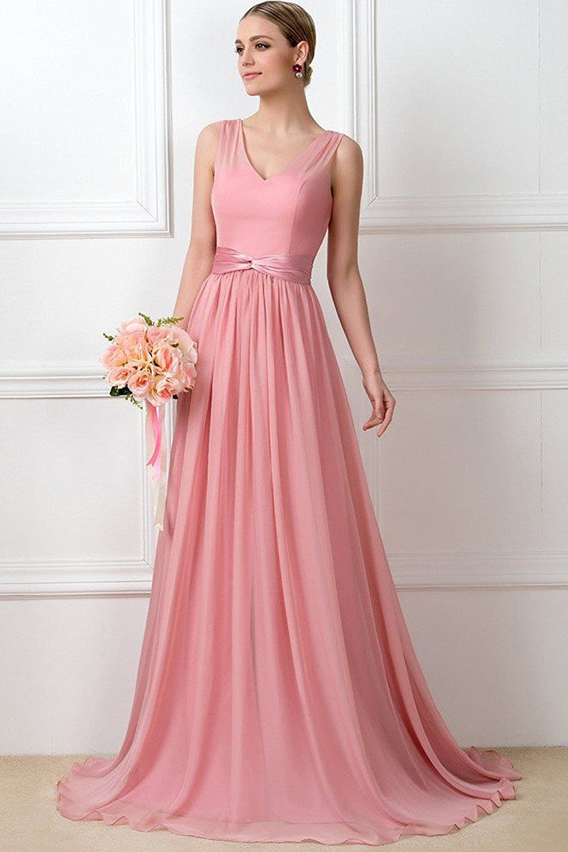 Elegant A-line V-neck Sleeveless Long Chiffon Bridesmaid Dresses with Sash