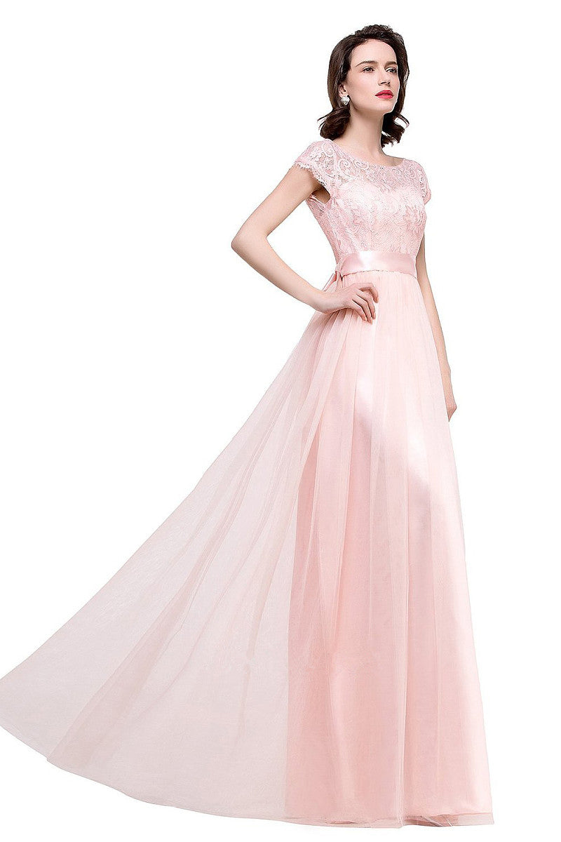 Classic A-line Cap Sleeves Bateau Lace & Tulle Floor-length Bridesmaid Dresses