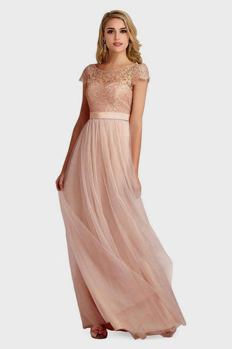 Classic A-line Cap Sleeves Bateau Lace & Tulle Floor-length Bridesmaid Dresses