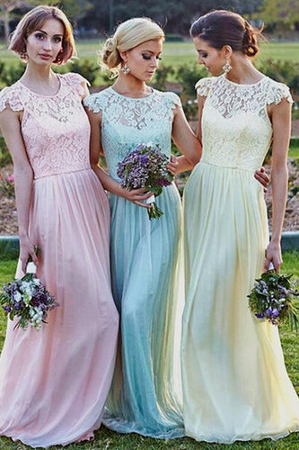 A-Line Cap Sleeves Bateau Neckline Lace Chiffon Floor-length Bridesmaid Dresses