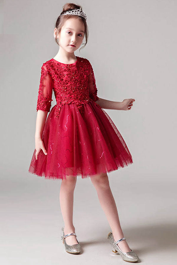 A-Line/Princess Scoop Neck Red Flower Girl Dress with 1/2 Sleeves