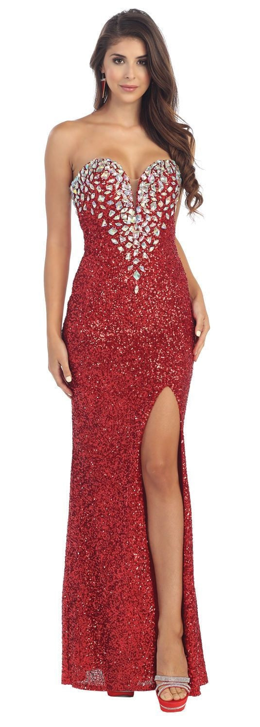 Sheath/Column Strapless Sweetheart Front Split Beading Long Sequined Formal Evening Dresses