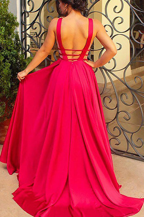 Simple Deep V-Neck Satin A-Line Long Prom Dress