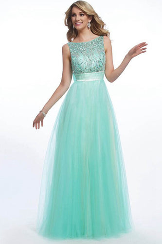 A-line/Princess Bateau Long Beading Prom Dresses