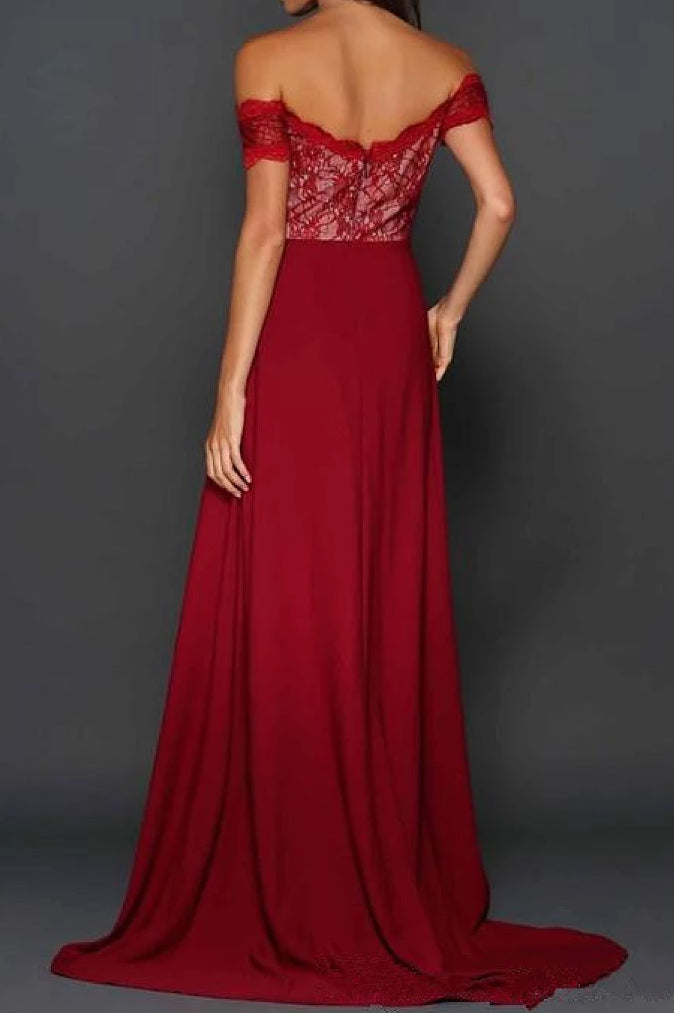 A-line/Princess Off-the-shoulder Split Long Lace Chiffon Prom Dresses