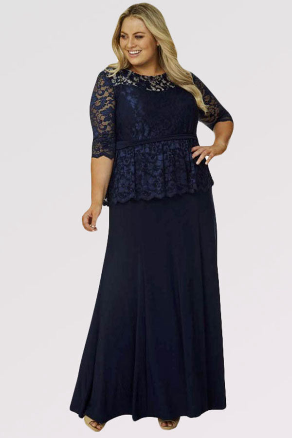 Sheath/Column Scoop Neck Lace Plus Size Prom Dress with 1/2 Sleeves