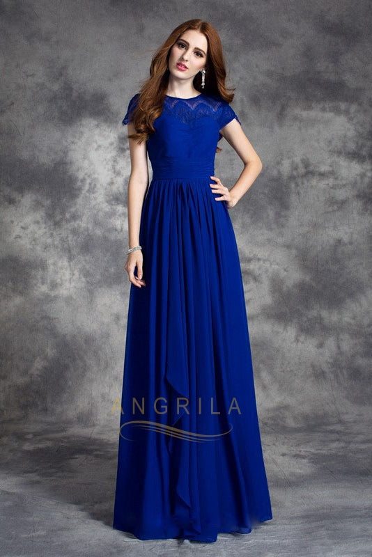 Scoop Neck Chiffon Long Bridesmai Dress with Short Sleeves