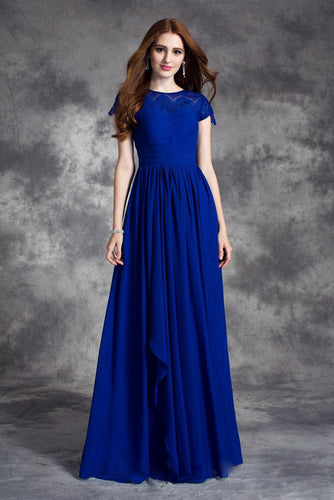 Scoop Neck Chiffon Long Bridesmai Dress with Short Sleeves