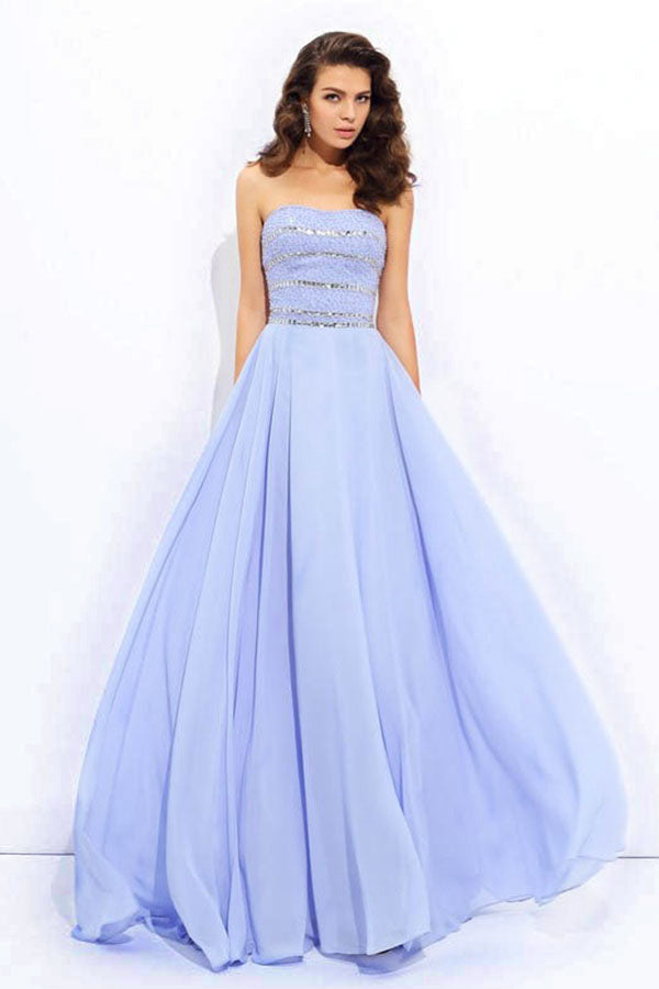 A-Line/Princess Strapless Chiffon Long Prom Dress with Beading