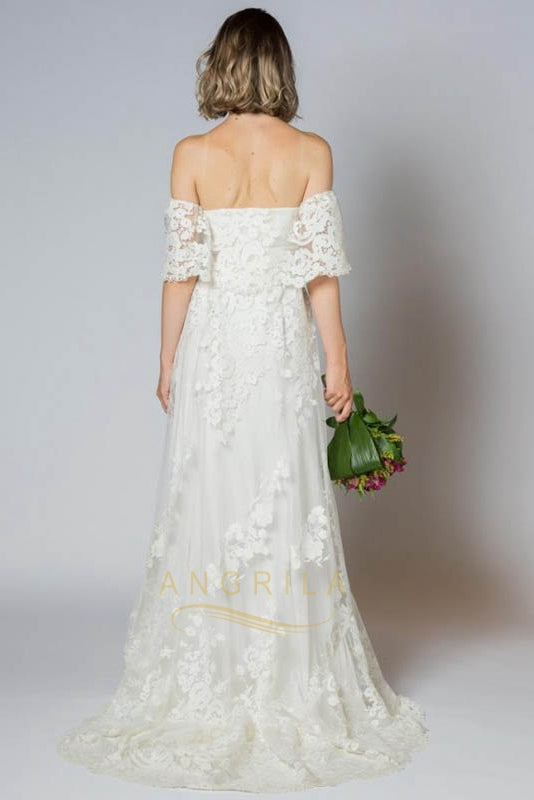 Sheath/Column Sweep Train Off-the-Shoulder Lace Boho Wedding Dress