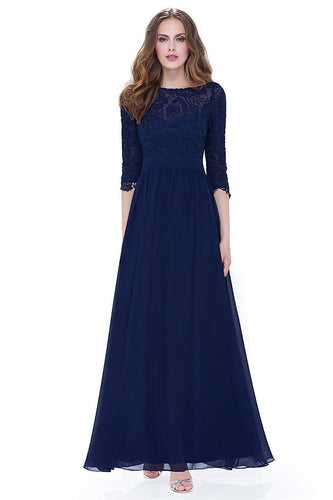 A-line/Princess 3/4 Sleeves V-back Lace Chiffon Long Bridesmaid Dresses