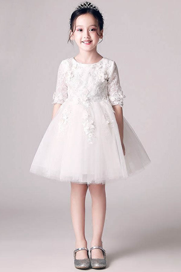 Scoop Neck Ball-Gown Lace Flower Girl Dress with 1/2 Sleeves