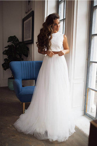 A-Line/Princess Jewel Neck Lace Wedding Dress with Two Piece