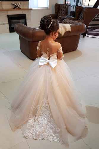 Elegant Long Sleeves Lace Applique Tulle Flower Girl Dresses with A Bow