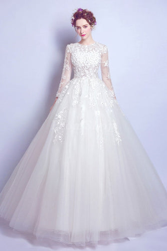 Ball-Gown/Princess V-neck Floor Length Tulle Wedding Dress With Long Sleeve