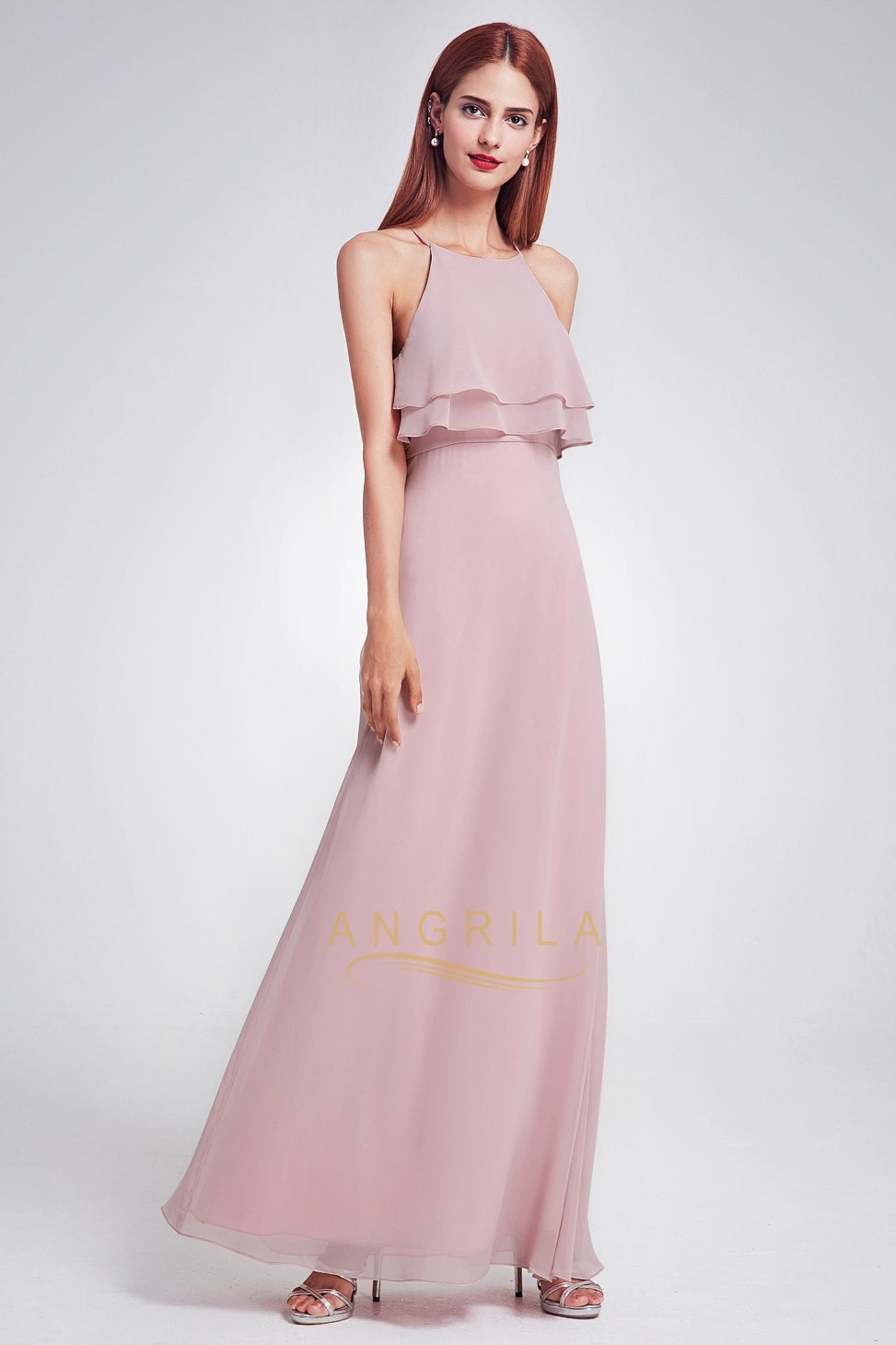 Sheath/Column Halter Chiffon Long Bridesmaid Dress