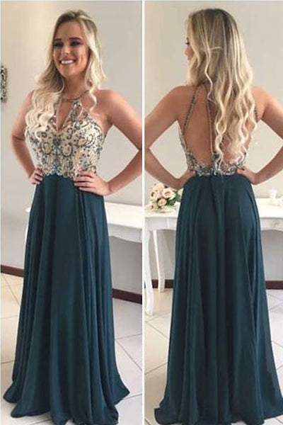 Sexy A-line Halter Sleeveless Beading Long Chiffon Formal Dresses – Angrila