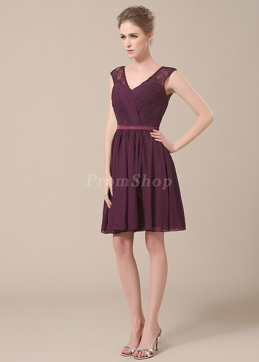 V-neck Short/Mini Chiffon Lace Shoulder Bridesmaid Dress With Ruffle Design