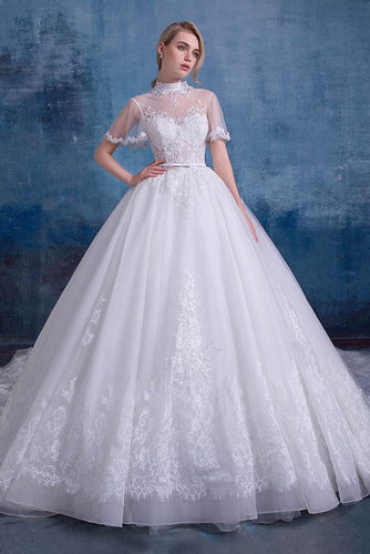 Ball-Gown High Neck Cathedral  Train Lace Wedding Dress with  Lace Appliques