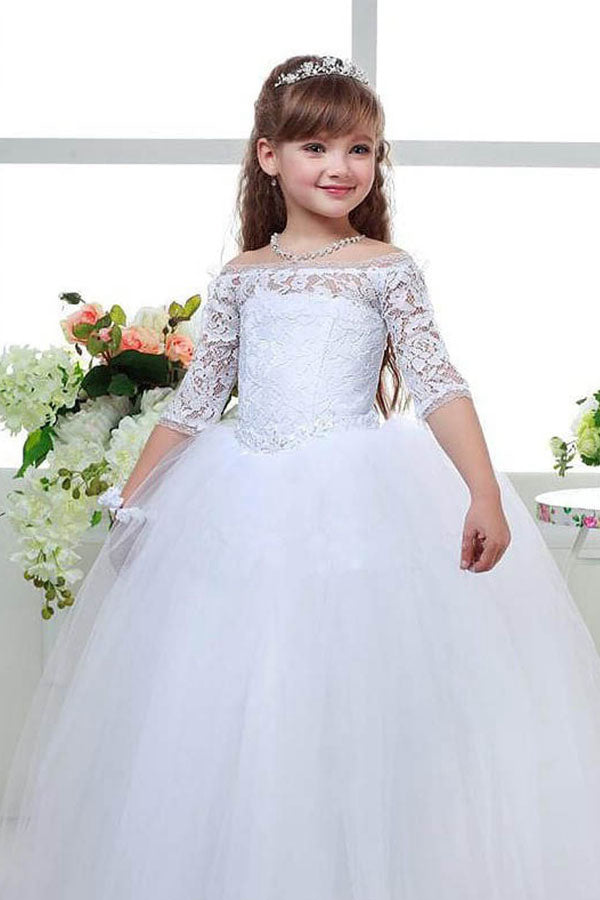 Ball-Gown Off-the-Shoulder Ivory Flower Girl Dress with 1/2 Sleeves