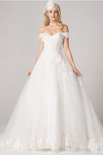 Ball-Gown Off-the-Shoulder Chapel Train Lace Wedding Dress with Lace Appliques