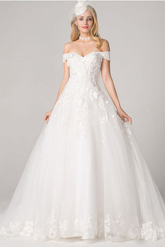 Ball-Gown Off-the-Shoulder Chapel Train Lace Wedding Dress with Lace Appliques