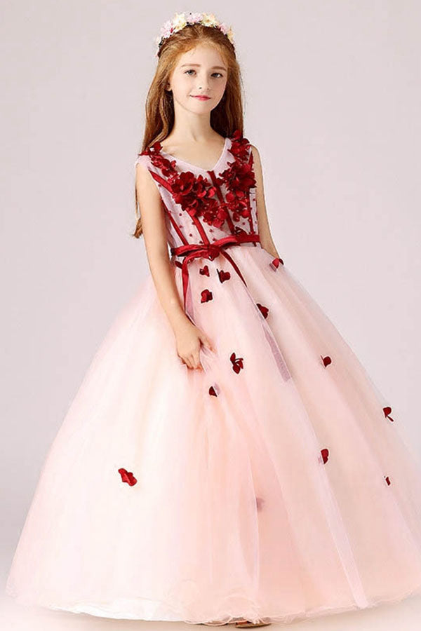 Ball-Gown V-neck Flower Girl Dress with Bow(s) Sash