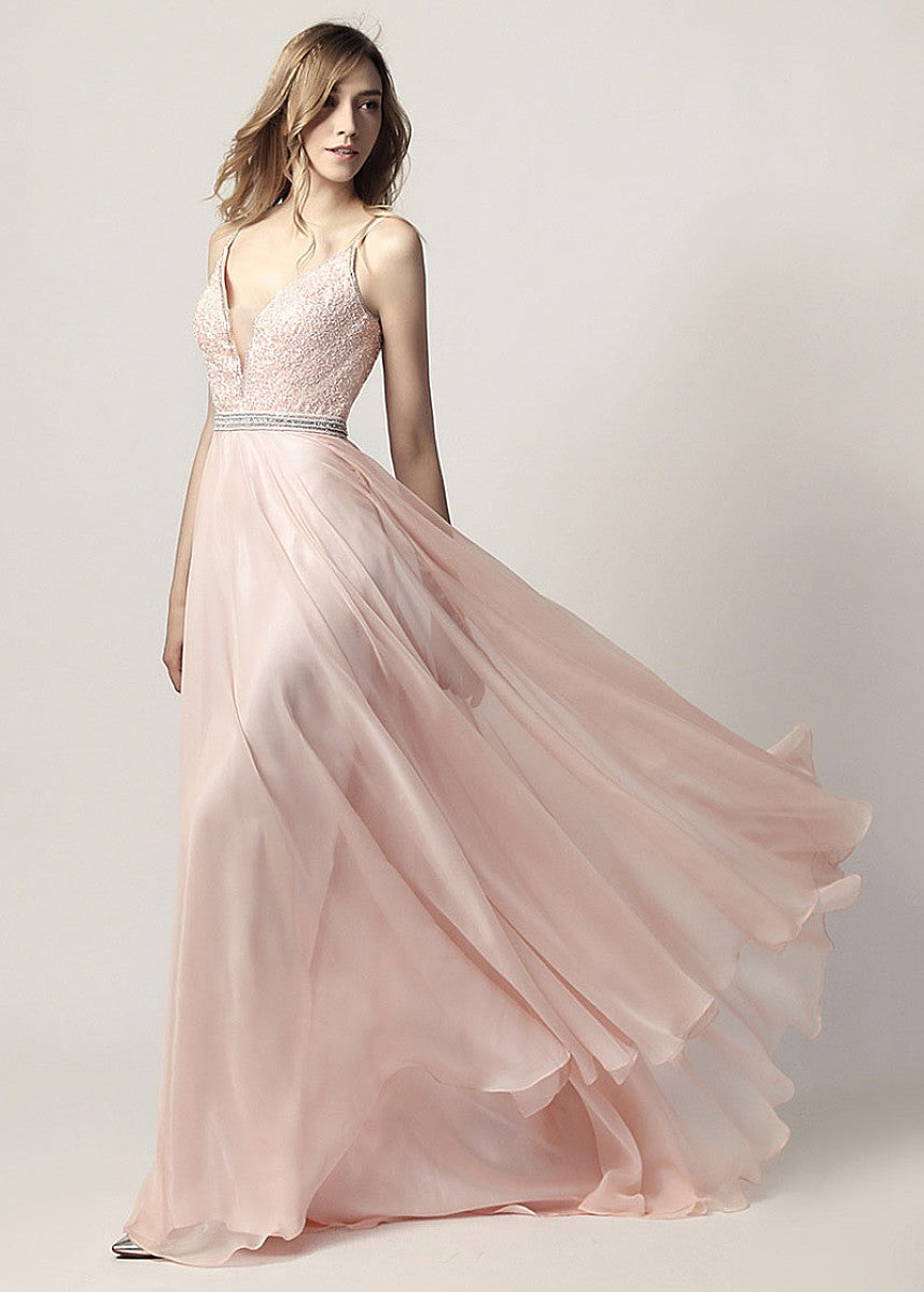 A-Line/Princess V-neck Court Train Chiffon Bridesmaid Dress With Beading