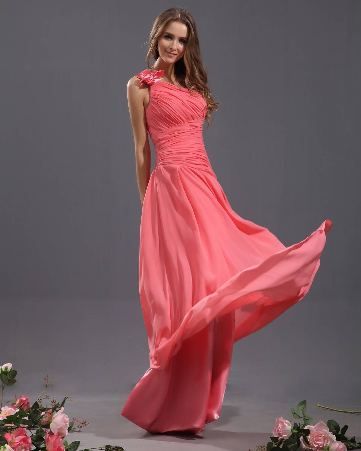 A Line One-shoulder Handmade Flower Chiffon Pleated Long Bridesmaid Dresses