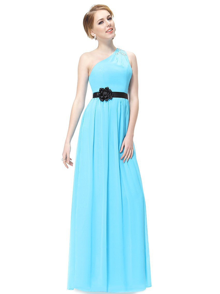 Graceful Flower Sash A-line One-shoulder Beading Long Bridesmaid Dress