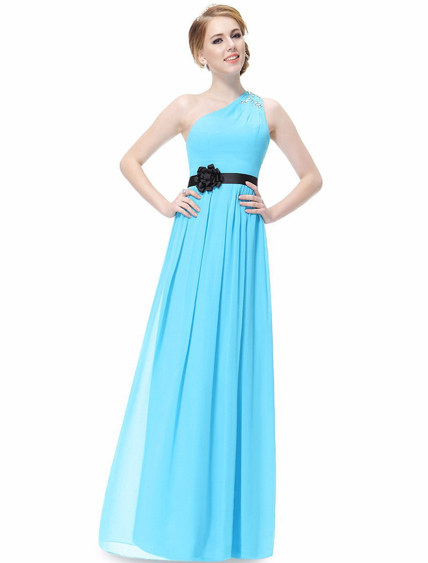 Graceful Flower Sash A-line One-shoulder Beading Long Bridesmaid Dress