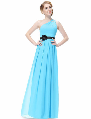 Graceful Flower Sash A-line One-shoulder Beading Long Bridesmaid Dress