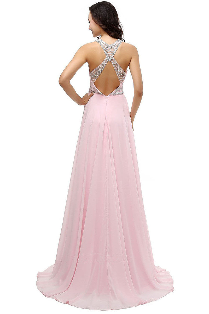 A-line Sleeveless Beading Open Back Long Chiffon Formal Dresses