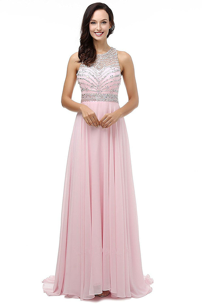 A-line Sleeveless Beading Open Back Long Chiffon Formal Dresses